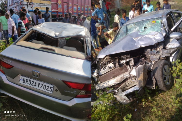 Massive car collision with truck in Gaya Two killed in 5 riders, three are in critical condition