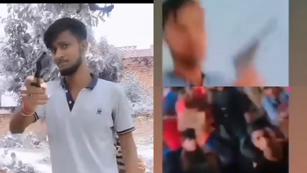 The young man sat on the teacher's chair with a pistol and started making a reel.