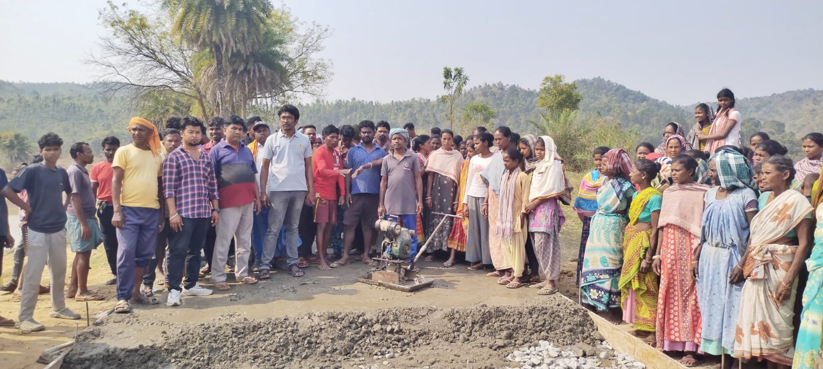 Contractor is doing road construction work without stone slab