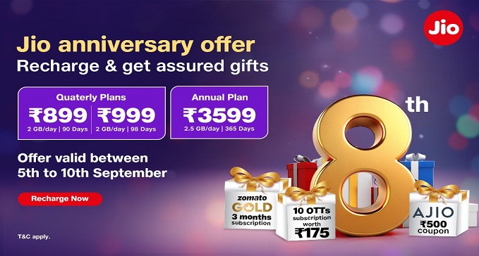 Anniversary offer for Jio users on 8th anniversary