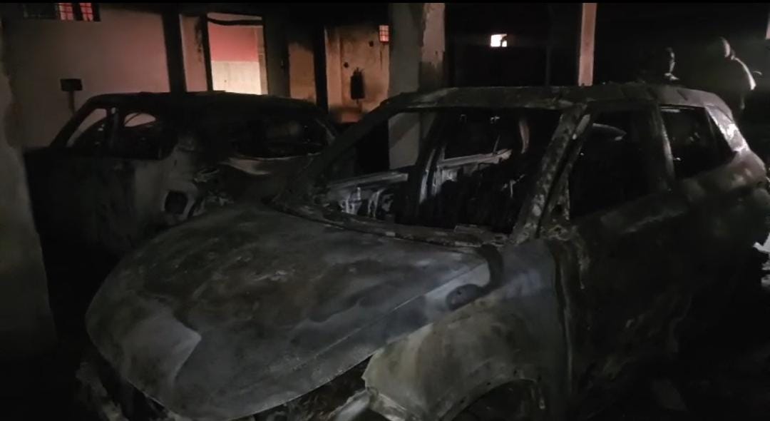 Three motorcycles and four cars were reduced to ashes in the fire.