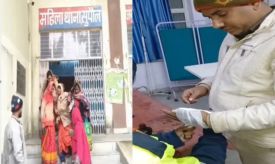 Several police officers, including the station house officer, were injured; family members accused the police of beating the woman.