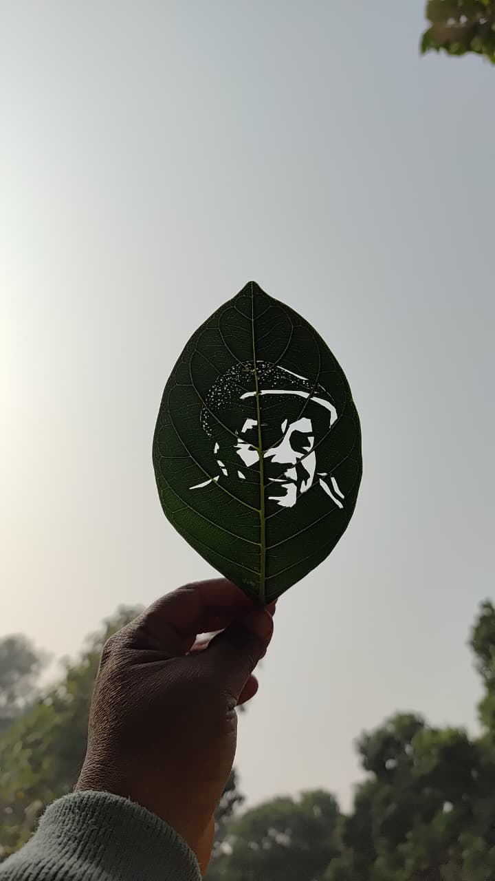An artist in Jamui made a picture of film actor Dharmendra Kumar on a Peepal leaf.
