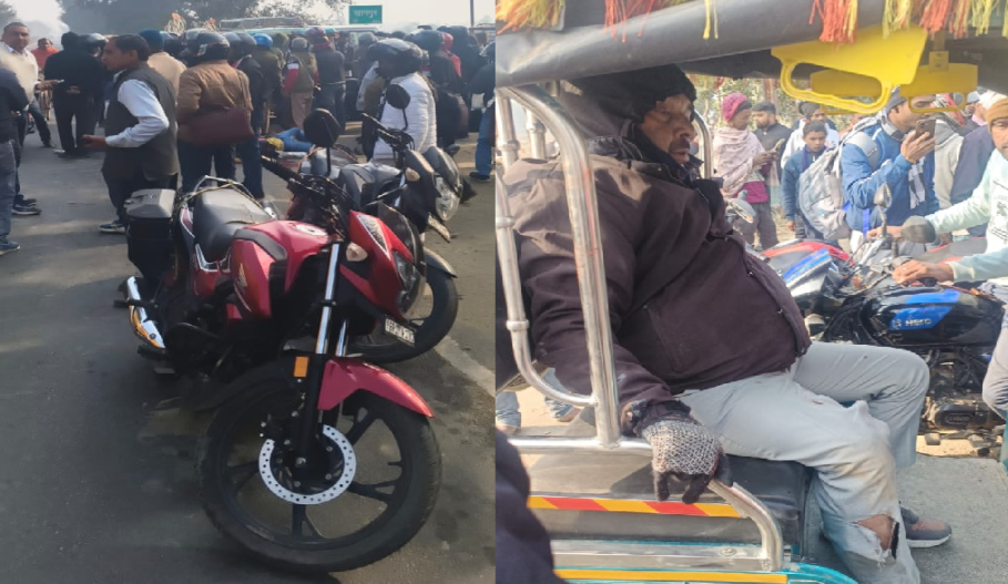 A horrific road accident occurred in Nawada; one of the two teachers on a motorcycle died, and the other was injured.